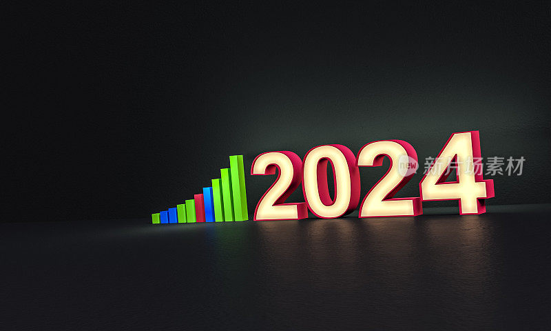 2024年-数字-磨砂玻璃-黑色背景- 3d渲染